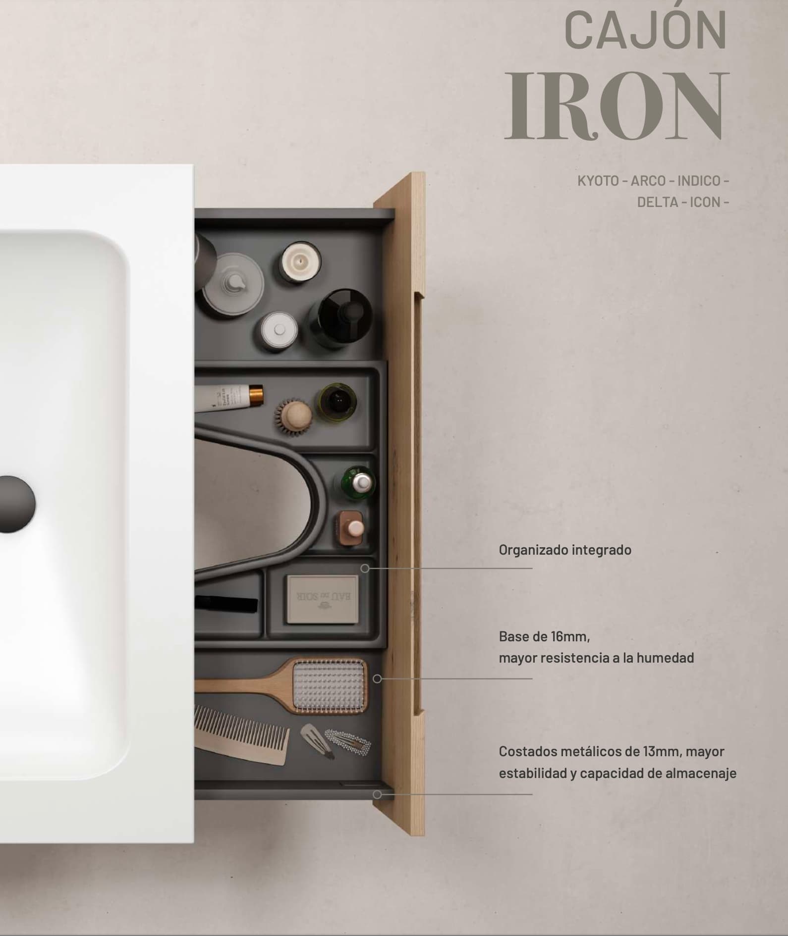 Encimera de baño de 10 cm de altura con cajonera op. Nomad Visobath 60-80-100-120 Pure