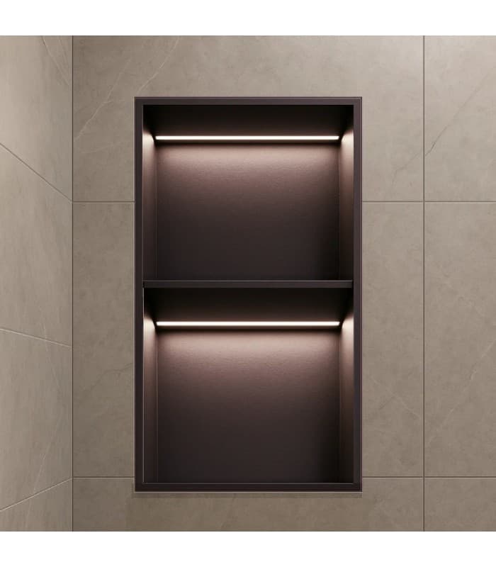 Hornacina para baño vertical con dos estantes black gun metal con luz led Marshall