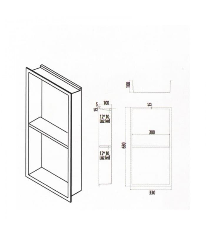 Hornacina para baño vertical con dos estantes black gun metal con luz led Marshall