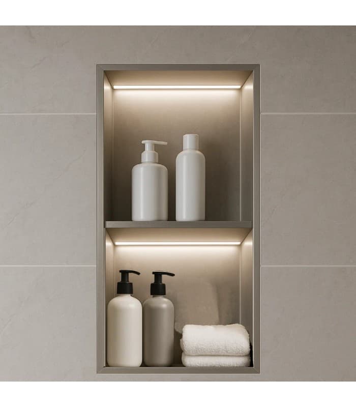 Hornacina para baño vertical con dos estantes níquel con luz led Marshall