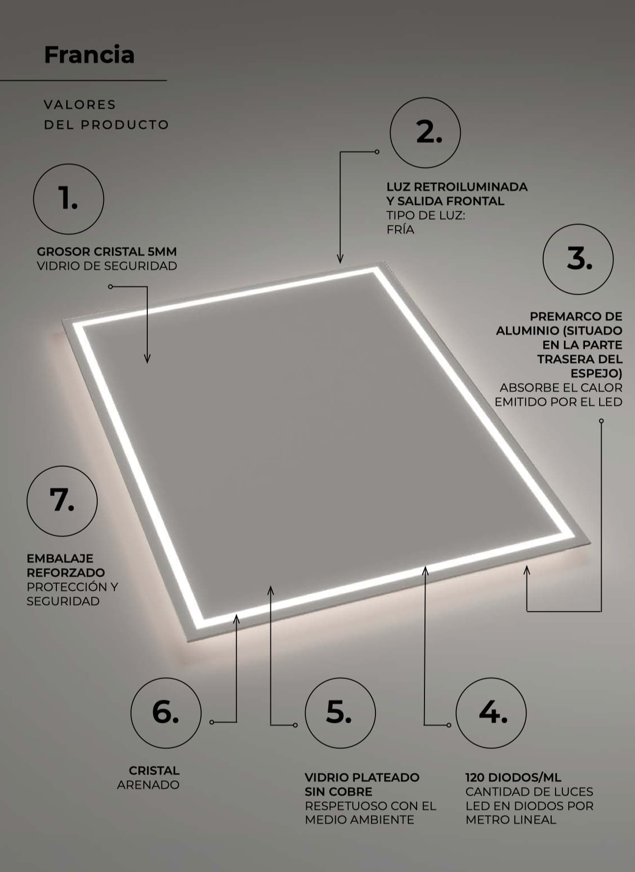 Espejo de baño con luz LED Francia Ledimex