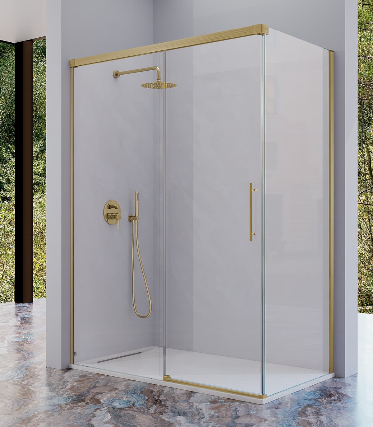 Mampara frontal fijo con puerta corredera y lateral fijo opcional URBAN de Kassandra Oro Cepillado