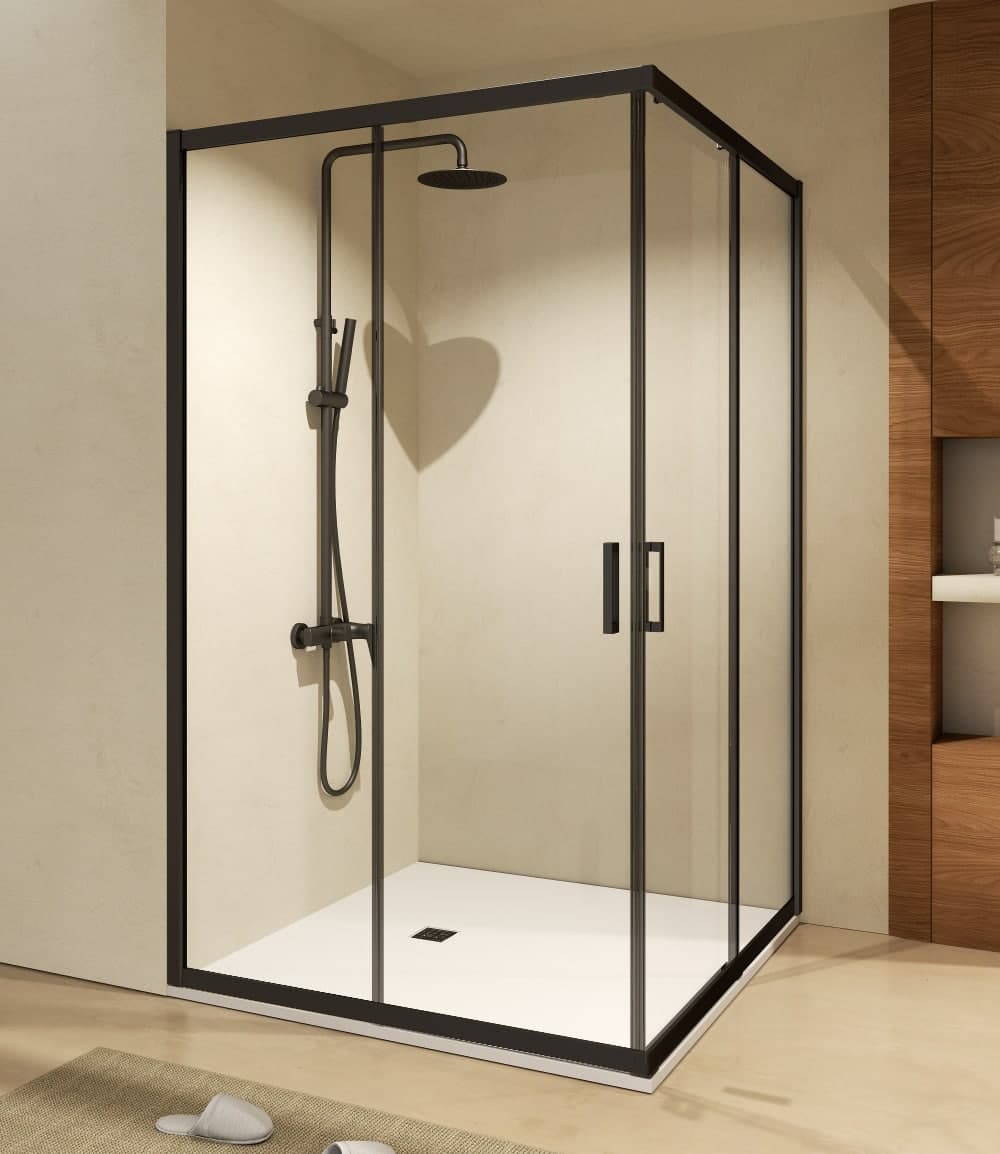 Mampara ducha angular 2 FIJOS + 2 CORREDERAS Agata Negra 300