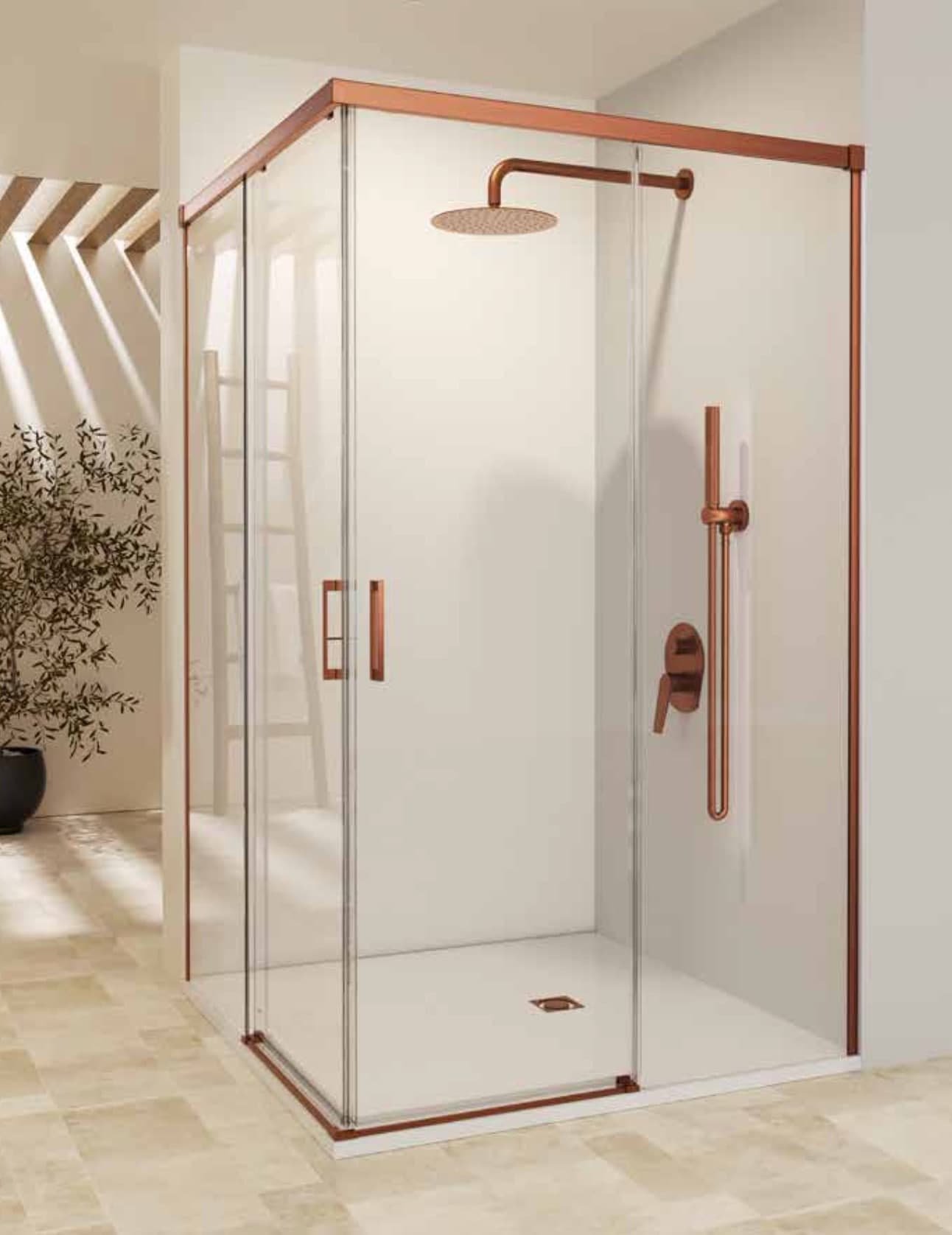 SBX_Imex Mampara de ducha angular Stylo 2F+2C apertura vértice Oro rosa cepillado
