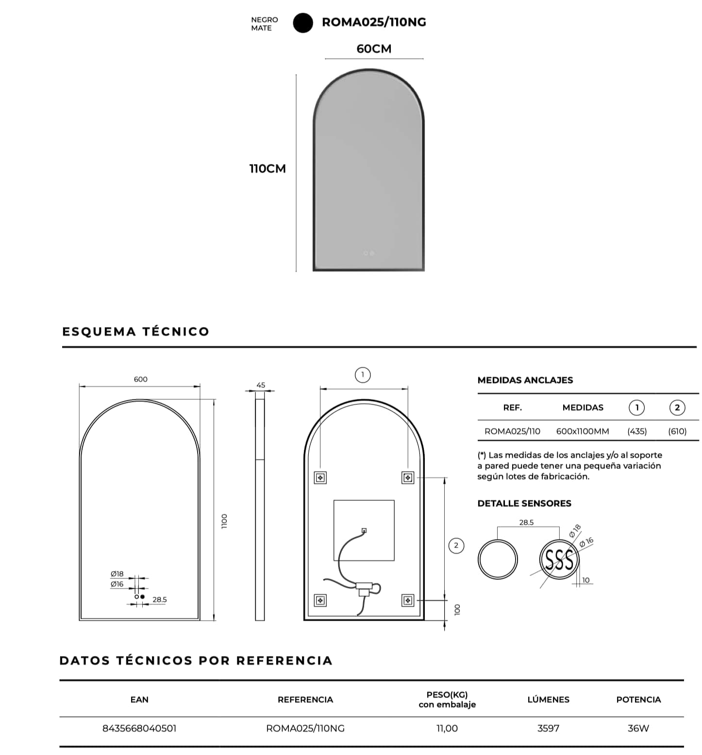 Espejo de baño con luz LED Roma Ledimex