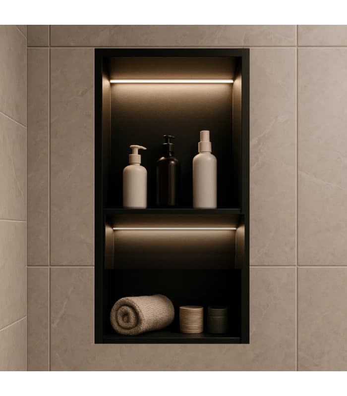 Hornacina para baño vertical con dos estantes negra con luz led Marshall