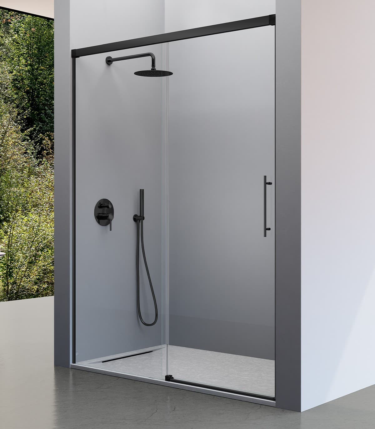 Mampara frontal fijo con puerta corredera y lateral fijo opcional URBAN de Kassandra Negro Mate