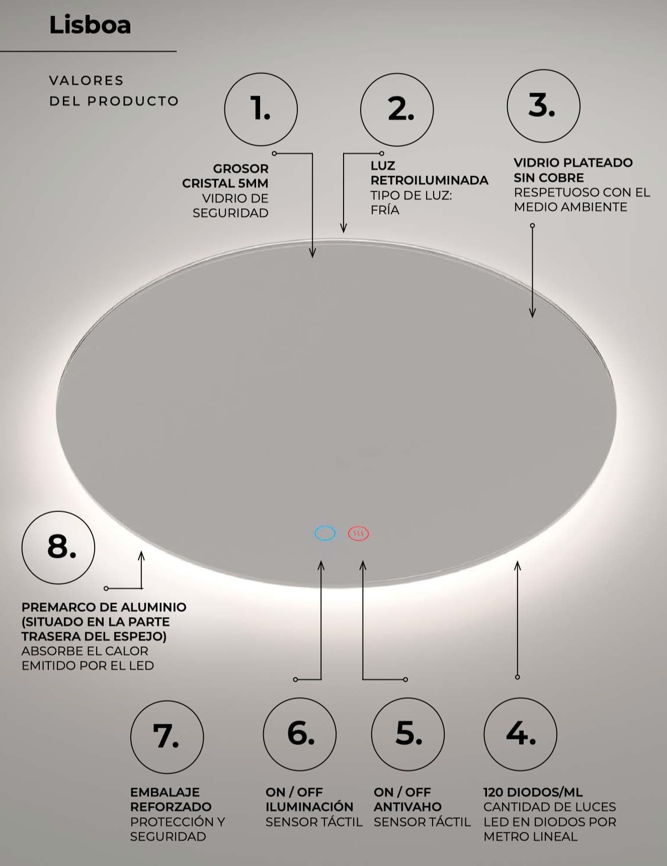 Espejo de baño con luz LED Lisboa Ledimex