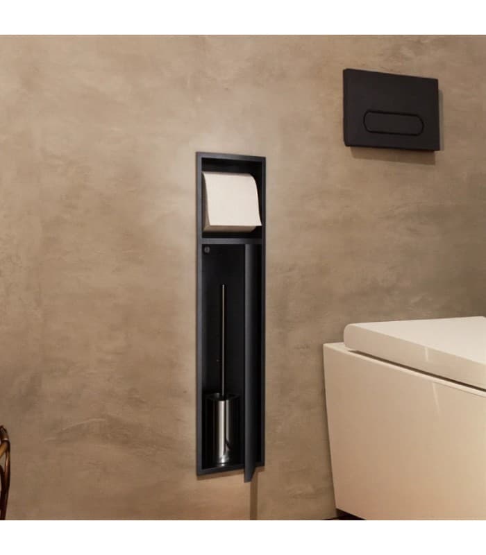 Hornacina vertical con escobillero empotrado y portarrollos Black gun metal Egean