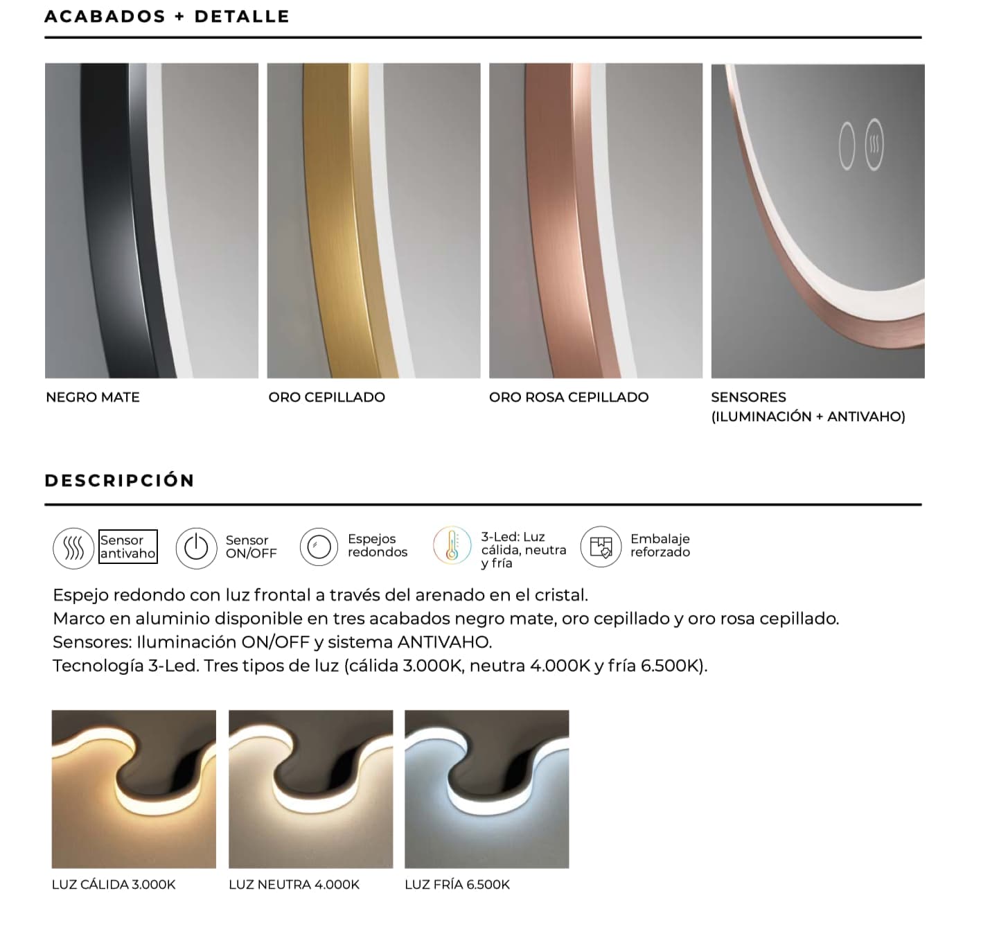 Espejo de baño con luz LED Paris Ledimex ( Negro, Oro y Oro rosa )