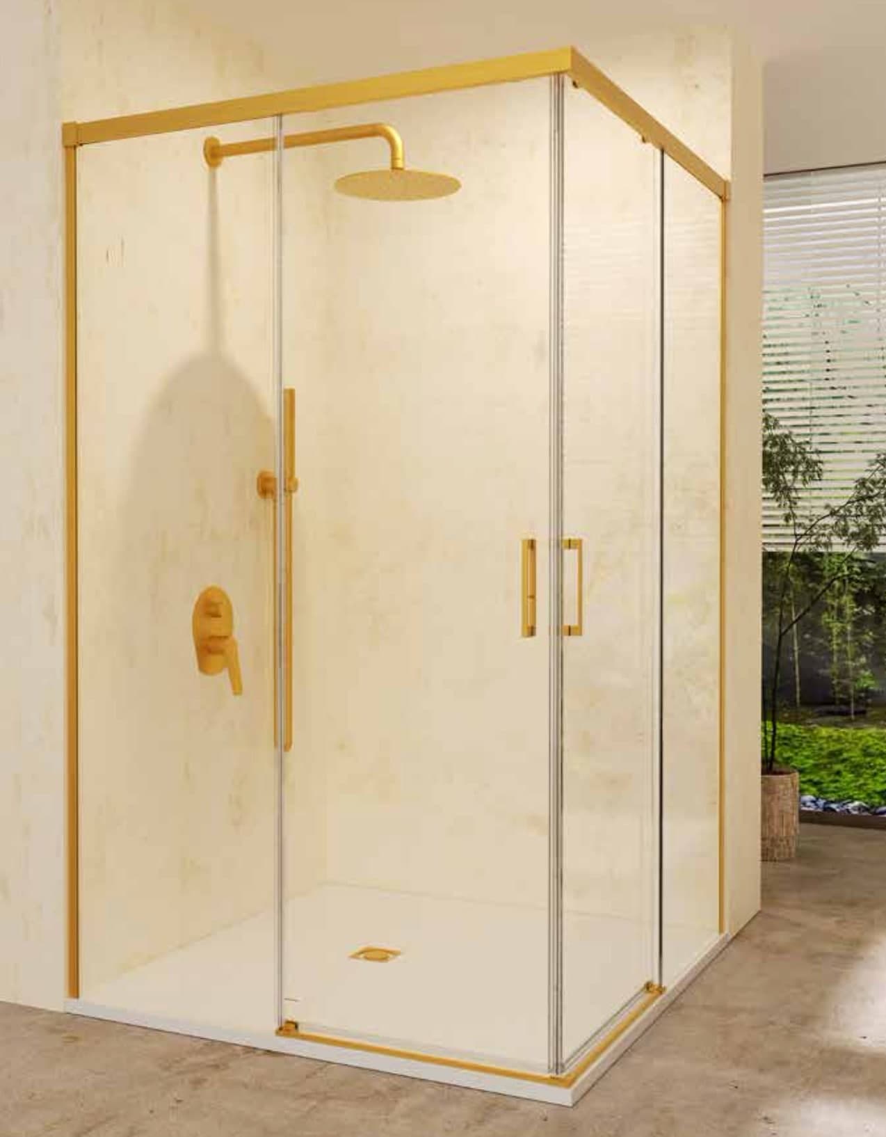 SBX_Imex Mampara de ducha angular Stylo 2F+2C apertura vértice Oro cepillado