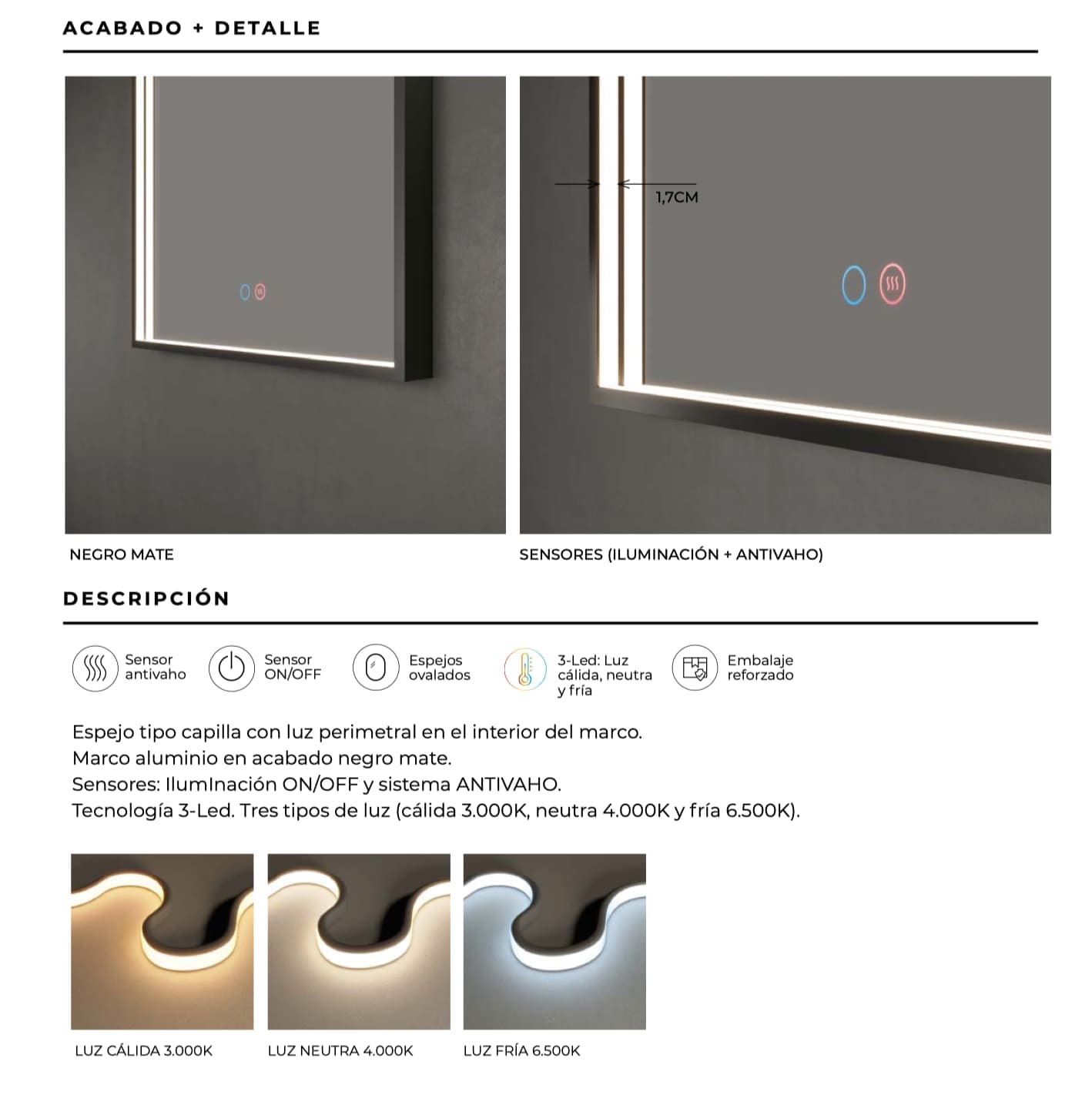 Espejo de baño con luz LED Roma Ledimex