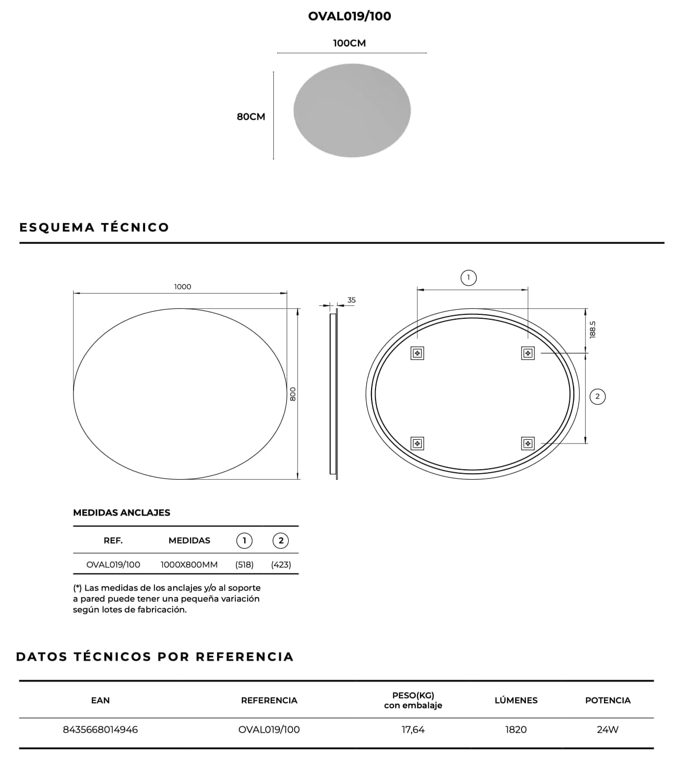Espejo de baño con luz LED Oval Ledimex