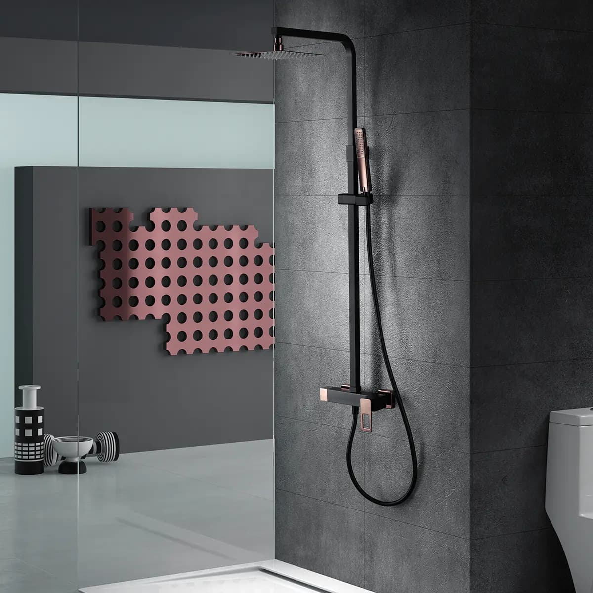 Conjunto ducha monomando SUECIA negro y oro rosa / BDC032/NOR