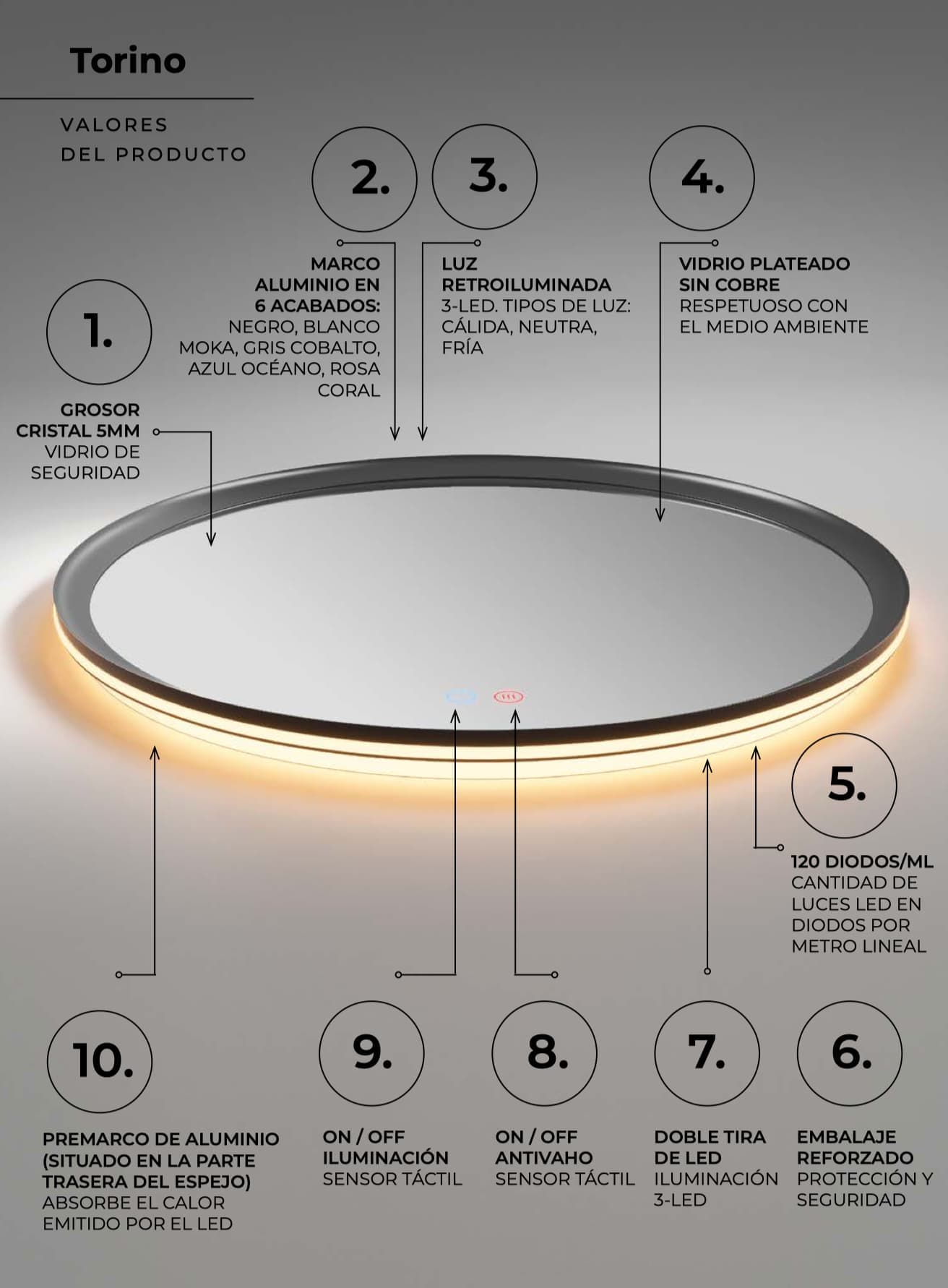 Espejo de baño con luz LED Torino de Ledimex